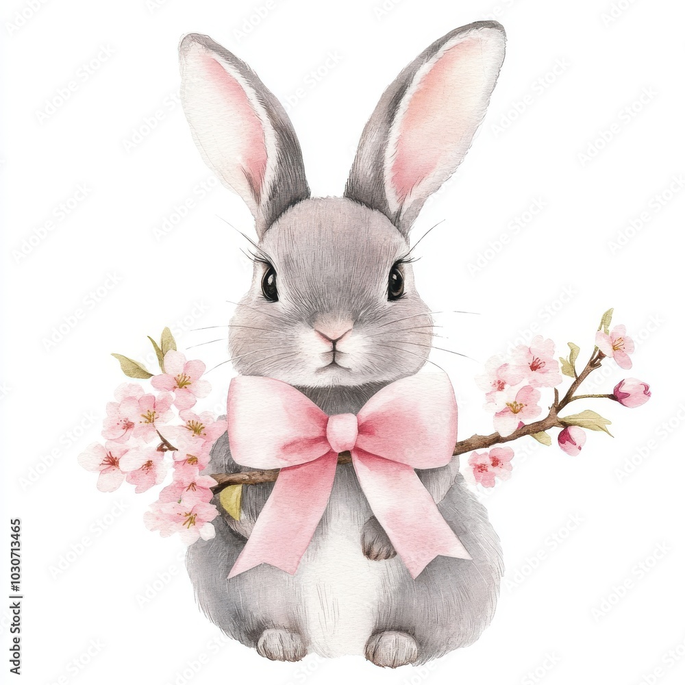 Fototapeta premium white rabbit with pink flower
