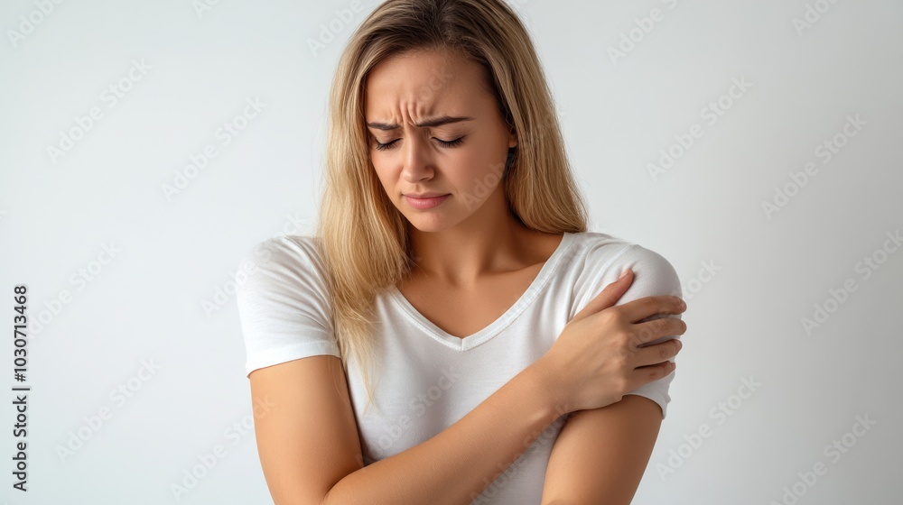 A young woman holding her shoulder in pain, with a pained expression, indicating muscle discomfort or an injury.. A young woman holding her shoulder in pain, with a pained expression, indicating muscle discomfort or an injury..