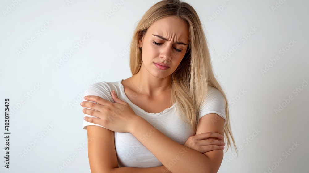A young woman holding her shoulder in pain, with a pained expression, indicating muscle discomfort or an injury.. A young woman holding her shoulder in pain, with a pained expression, indicating muscle discomfort or an injury..