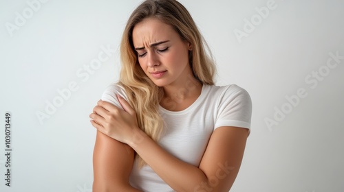 A young woman holding her shoulder in pain, with a pained expression, indicating muscle discomfort or an injury..