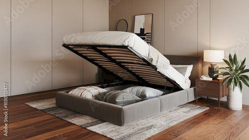 modern bedroom featuring stylish bed with lift up storage mechanism, hardwood flooring, and neutral tones. cozy atmosphere is enhanced by decorative pillows and plant