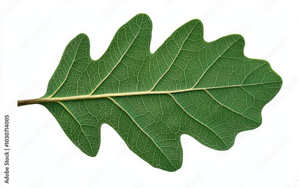 A detailed oak leaf with visible veins and curled edges, isolated on a pure white background A detailed oak leaf with visible veins and curled edges, isolated on a pure white background
