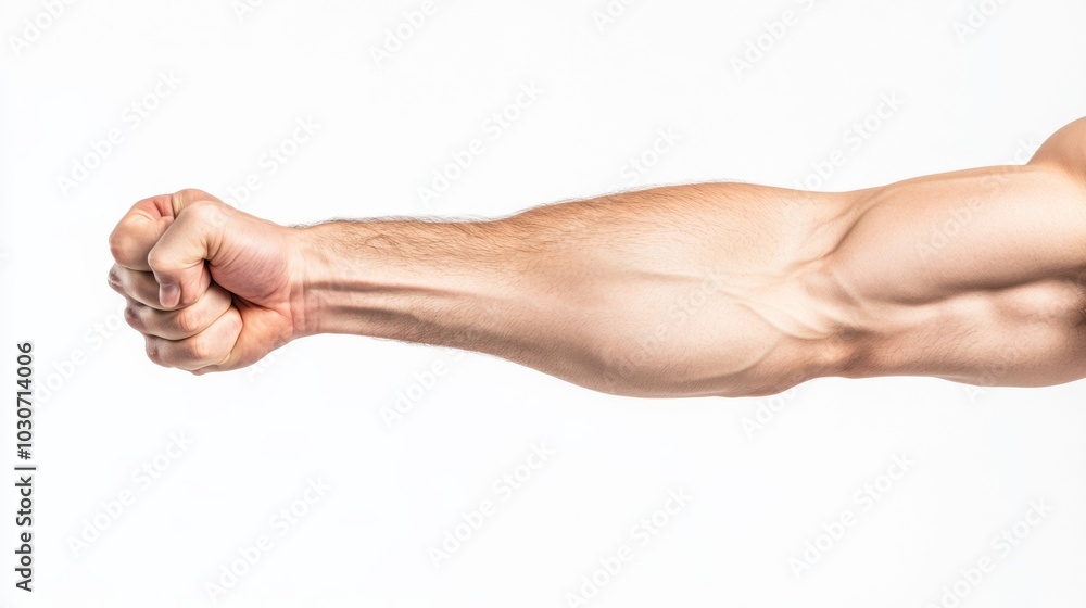 Close-up of a muscular arm flexing with a clenched fist against a white background, symbolizing strength and power.. Close-up of a muscular arm flexing with a clenched fist against a white background, symbolizing strength and power..