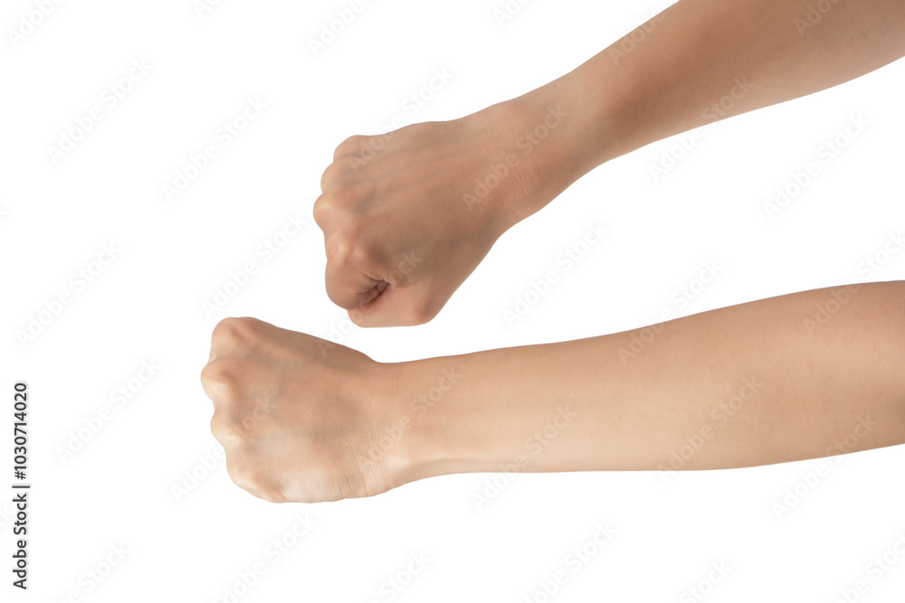 Woman's hands with fist gesture isolated on a white background. Woman's hands with fist gesture isolated on a white background.
