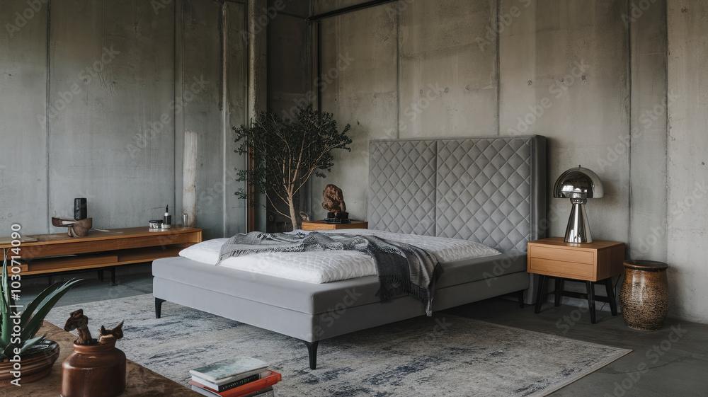 modern gray ottoman bed with quilted headboard is focal point of this stylish bedroom. minimalist decor features concrete walls, wooden furniture, and decorative plants, creating serene atmosphere modern gray ottoman bed with quilted headboard is focal point of this stylish bedroom. minimalist decor features concrete walls, wooden furniture, and decorative plants, creating serene atmosphere