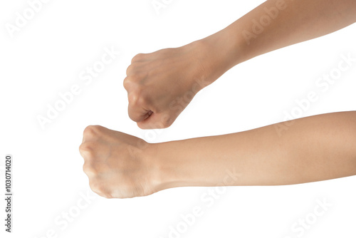 Woman's hands with fist gesture isolated on a white background.