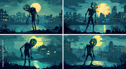 Zombie undead cartoon vector concepts. Green dead comix living corpse skull lighting brain monster character, toxic lake coast standing shore twisted arms scary creature illustrations