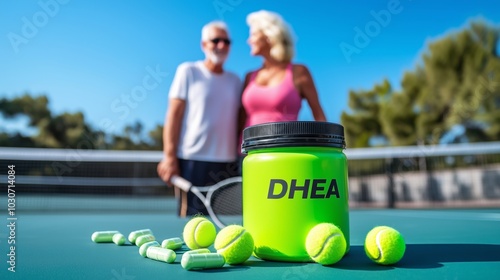 Active Seniors on Tennis Court with DHEA Supplement Emphasizing Health and Fitness photo