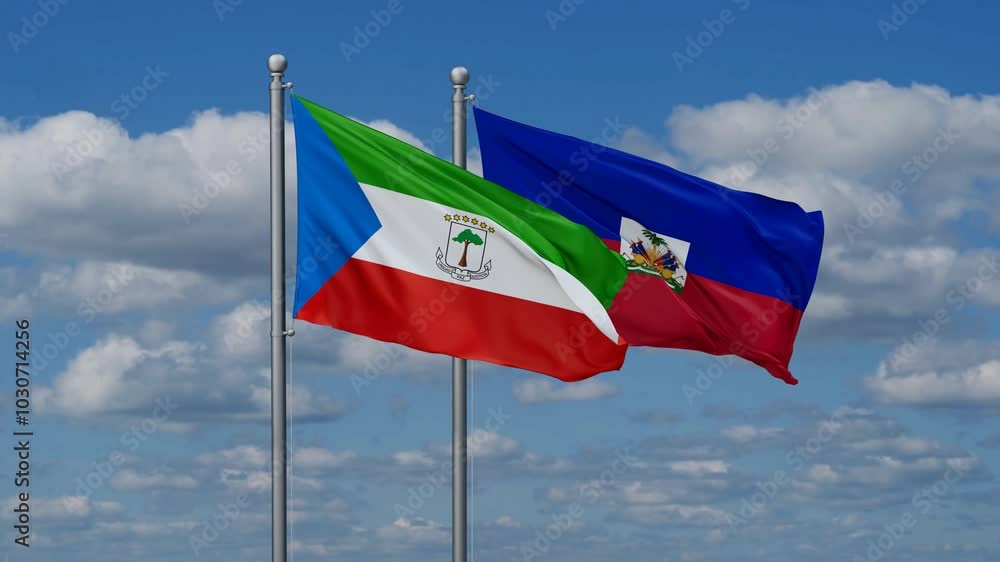 Haiti and Equatorial Guinea flags flying together, video concept of the relationship, two country relations concept Haiti and Equatorial Guinea flags flying together, video concept of the relationship, two country relations concept