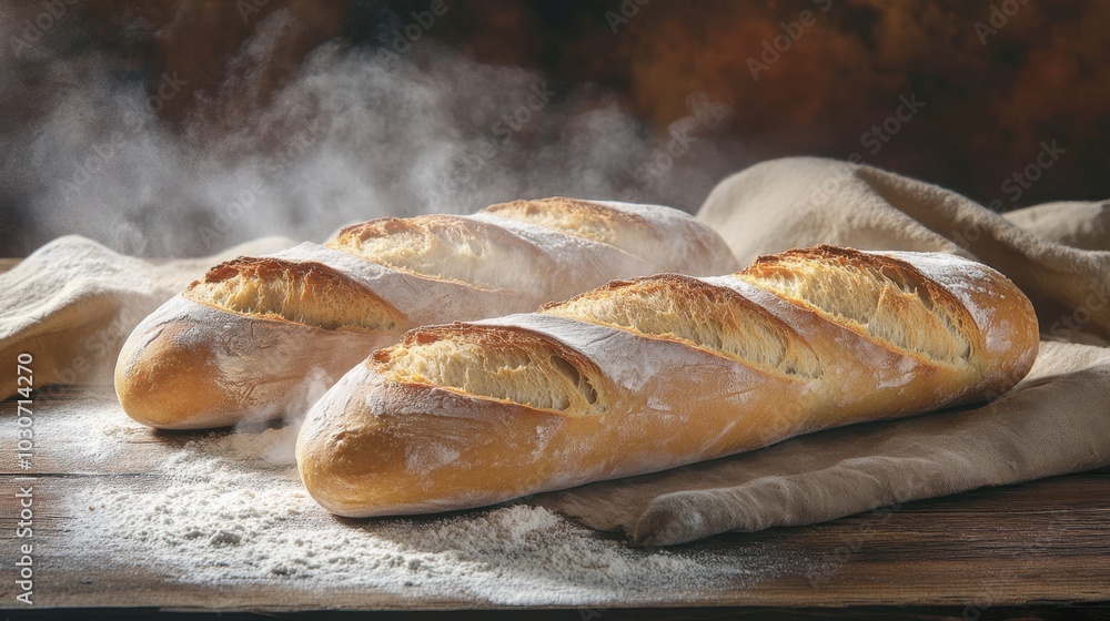 Steaming French baguettes, fresh from the oven, on a rustic wooden table with a flour-dusted background, warm and inviting. Steaming French baguettes, fresh from the oven, on a rustic wooden table with a flour-dusted background, warm and inviting.