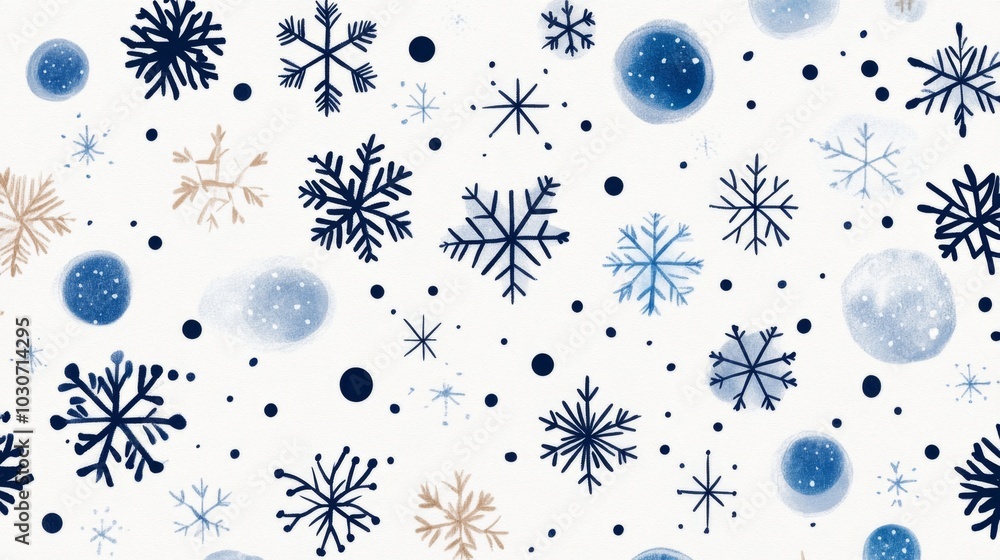 Elegant Snowflakes and Bubbles Pattern - Winter Wonderland with Blue and Beige Snowflakes on White Background Elegant Snowflakes and Bubbles Pattern - Winter Wonderland with Blue and Beige Snowflakes on White Background