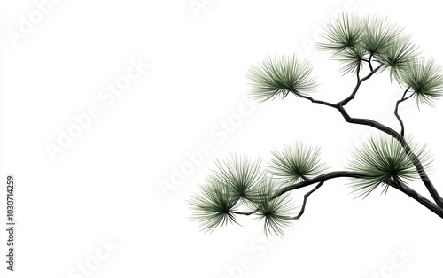 A detailed pine branch with soft green needles, isolated on a white background