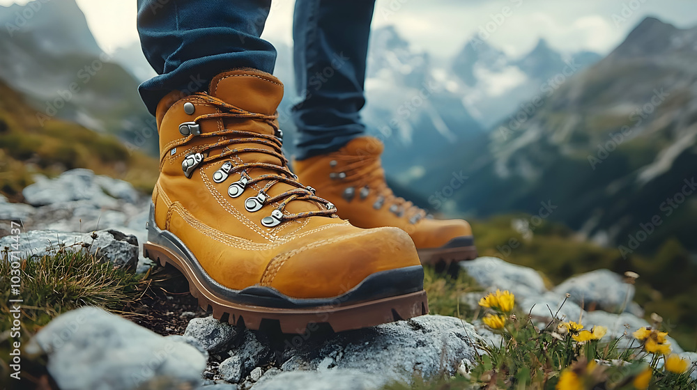 Hiking boots on rocky terrain with mountains in the background. Hiking boots on rocky terrain with mountains in the background.