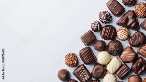 Assortment of Delicious Chocolate Candy on Light Blue Background, Top View with Copy Space