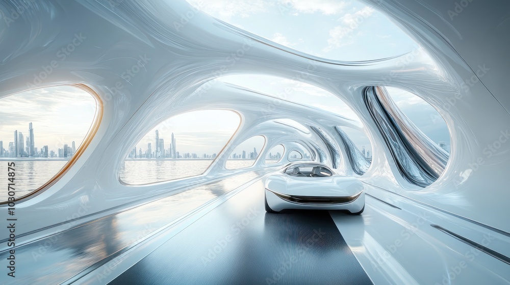Futuristic Tunnel with Sleek Car and City View Futuristic Tunnel with Sleek Car and City View