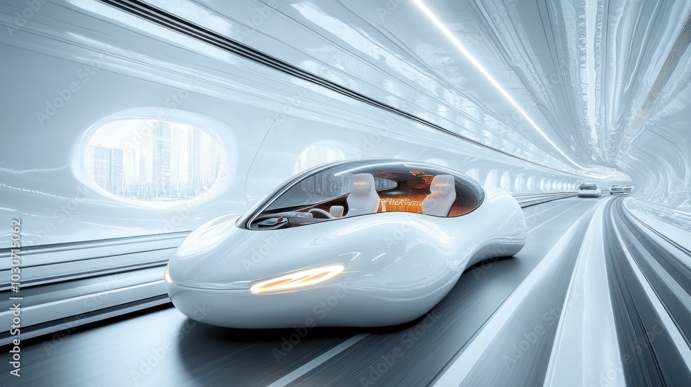 Futuristic car in sleek tunnel, bright city outside. Futuristic car in sleek tunnel, bright city outside.