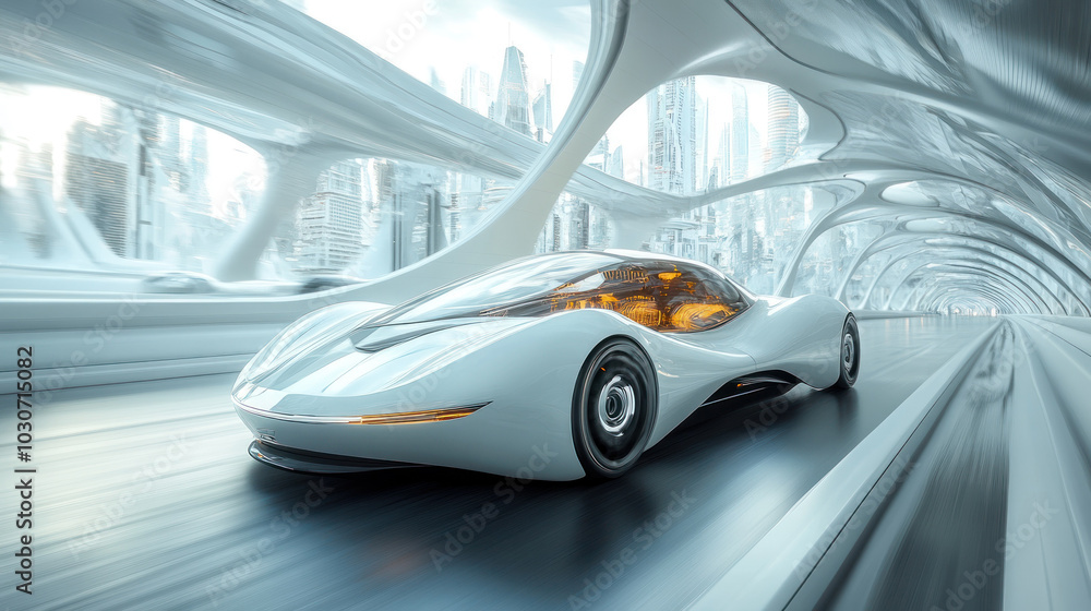 Futuristic car zips through sleek cityscape tunnel Futuristic car zips through sleek cityscape tunnel