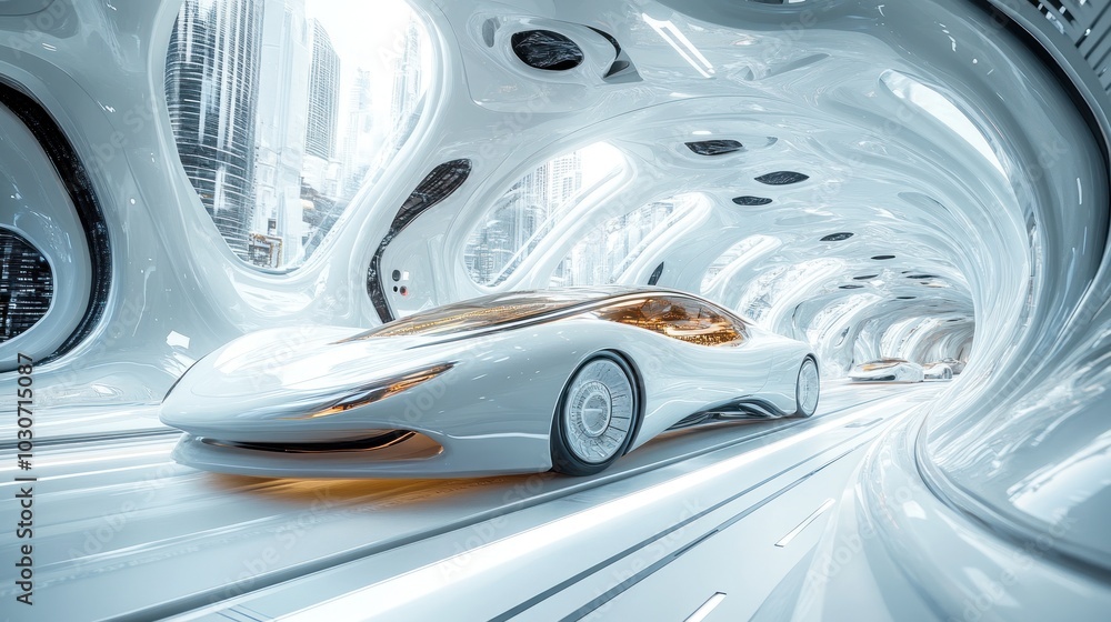 Sleek futuristic car in intricate tunnel interior view. Sleek futuristic car in intricate tunnel interior view.