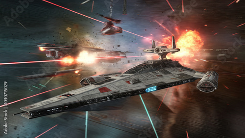 Wallpaper Mural starship is engaged in intense space battle, surrounded by explosions and enemy ships. scene captures chaos and excitement of interstellar combat, showcasing advanced technology and dynamic action Torontodigital.ca