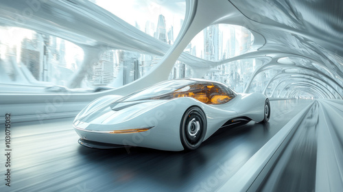 Futuristic car zips through sleek cityscape tunnel