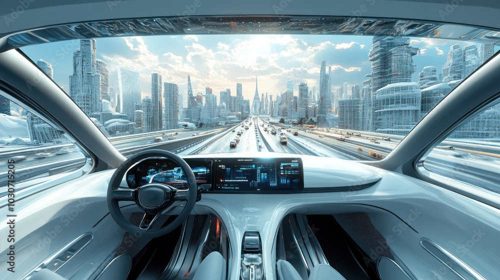 Modern cityscape viewed from futuristic car interior. Modern cityscape viewed from futuristic car interior.