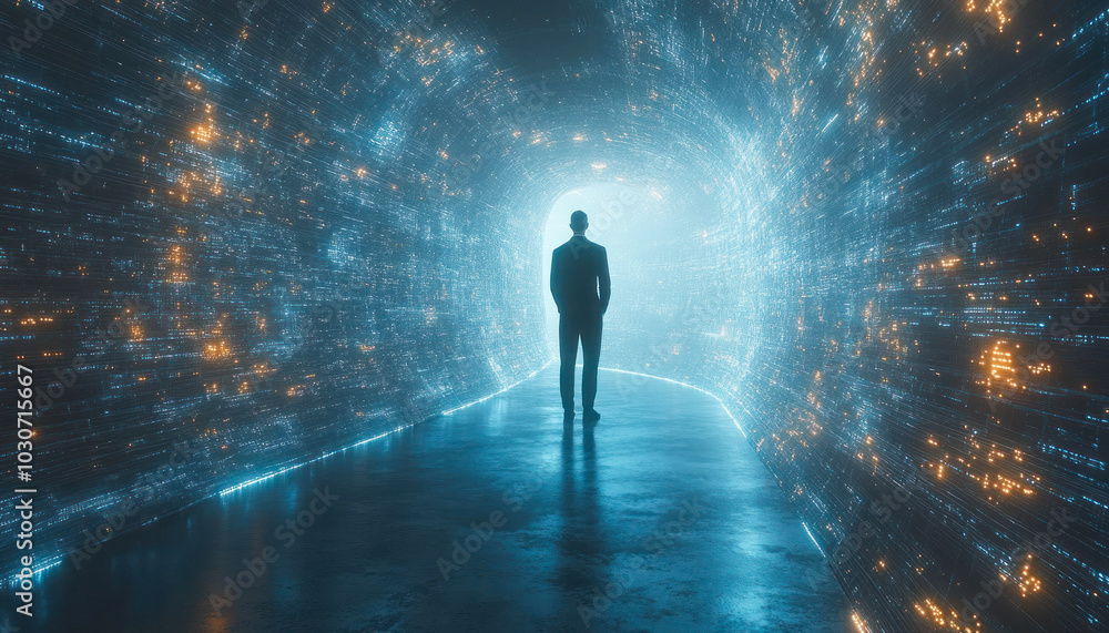 Person in a lit tunnel surrounded by digital lights Person in a lit tunnel surrounded by digital lights