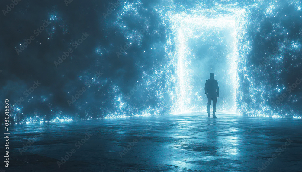 Person confronts a brightly illuminated cosmic gateway. Person confronts a brightly illuminated cosmic gateway.