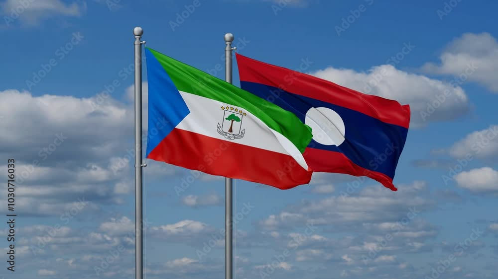Laos and Equatorial Guinea flags flying together, video concept of the relationship, two country relations concept Laos and Equatorial Guinea flags flying together, video concept of the relationship, two country relations concept
