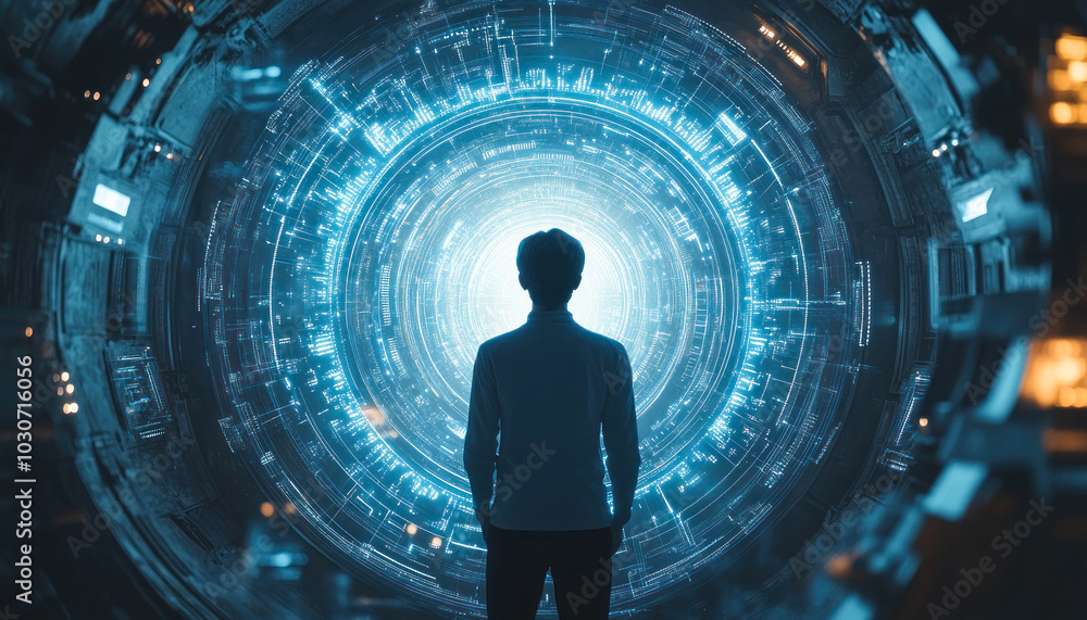 Circular portal opens with captivating blue glow aura Circular portal opens with captivating blue glow aura