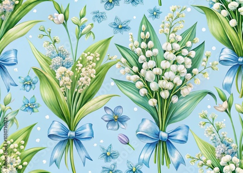 Light Blue Scillas and White Lilies of the Valley Seamless Pattern for Spring Decor photo