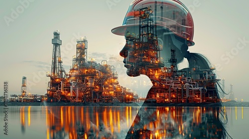 Double exposure featuring an engineer in a safety helmet and an oil plant, merging industrial, technology, safety, and environmental work concepts with petroleum and management. High resolution