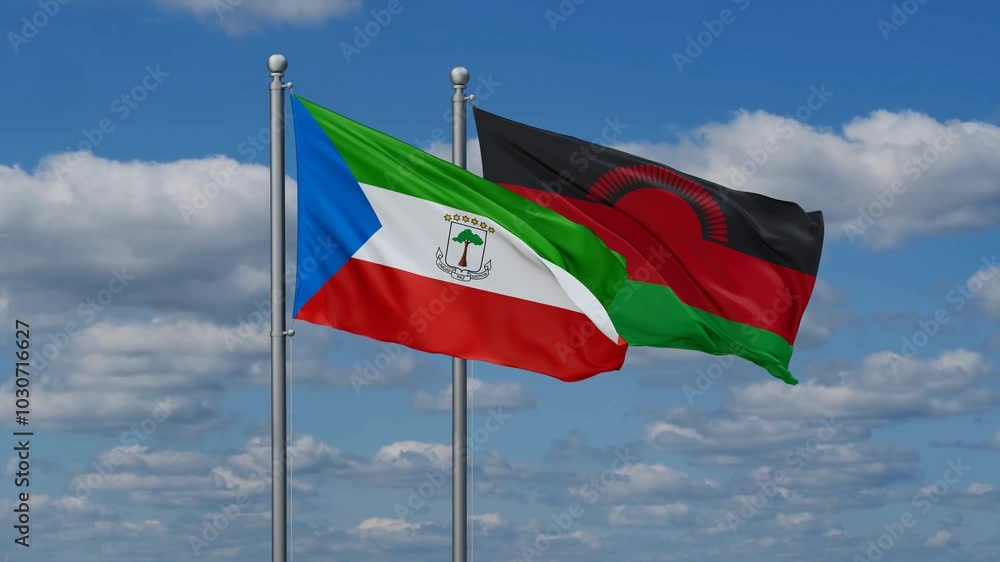 Malawi and Equatorial Guinea flags flying together, video concept of the relationship, two country relations concept Malawi and Equatorial Guinea flags flying together, video concept of the relationship, two country relations concept