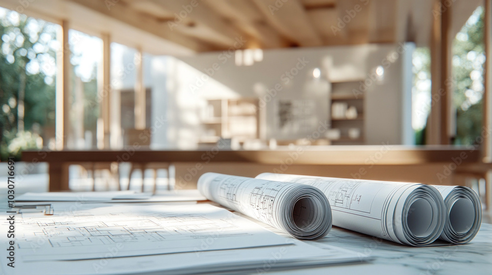 Spacious architectural studio with rolled blueprints Spacious architectural studio with rolled blueprints