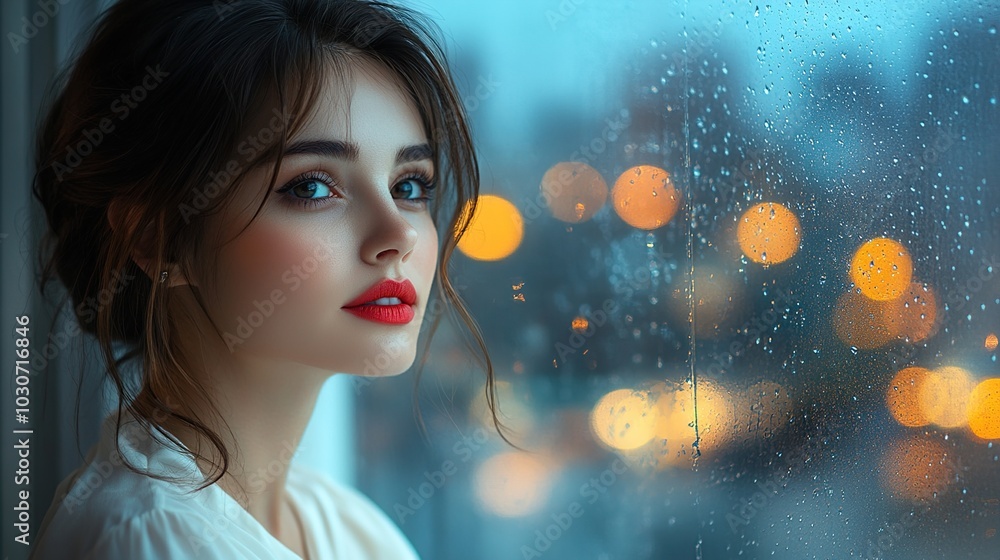 Beautiful Woman Looking Through Rainy Window Beautiful Woman Looking Through Rainy Window