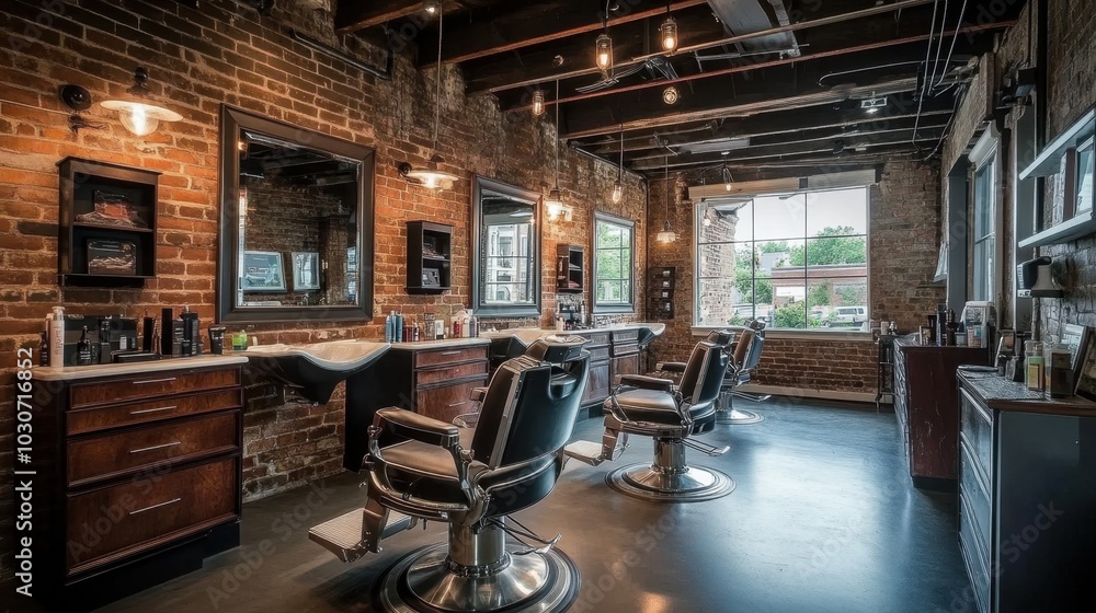 Stylish men's barber shop with exposed brick walls, dark leather chairs, and vintage light fixtures for a cool, modern look. Stylish men's barber shop with exposed brick walls, dark leather chairs, and vintage light fixtures for a cool, modern look.