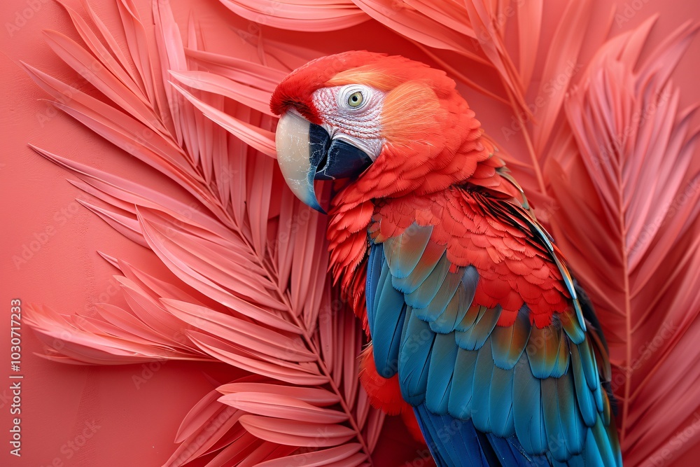 Fototapeta premium A scarlet macaw showcases its bright feathers while perched near large tropical leaves. The coral background enhances the bird's vivid colors, creating a striking visual experience