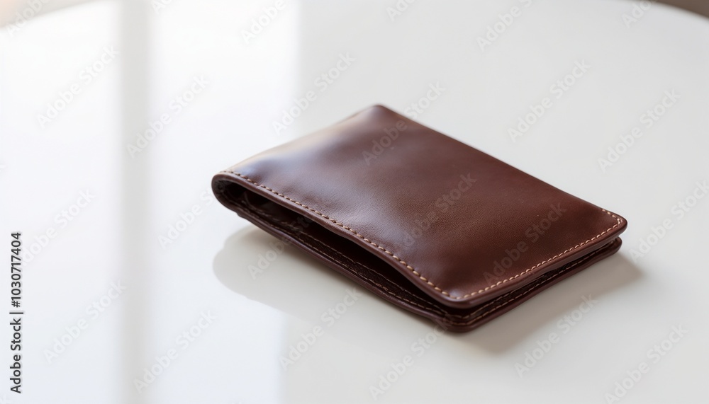 Brown leather wallet on a glossy table surface with soft natural light Brown leather wallet on a glossy table surface with soft natural light