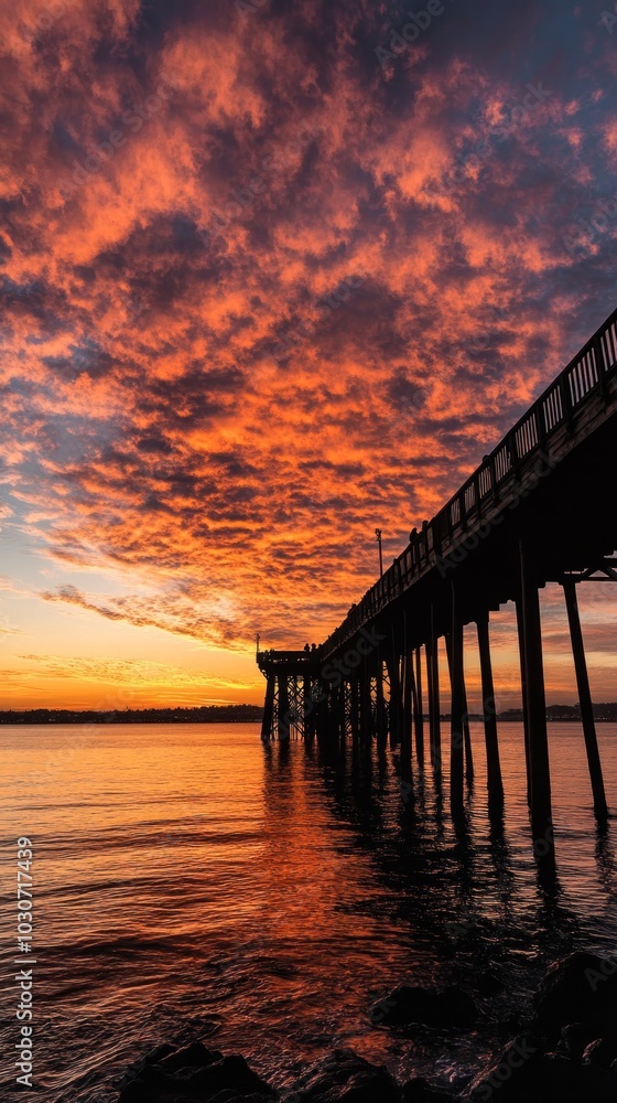 Silhouetted Pier Extending Into a Fiery Sunset Sky Over a Calm Body of Water Silhouetted Pier Extending Into a Fiery Sunset Sky Over a Calm Body of Water