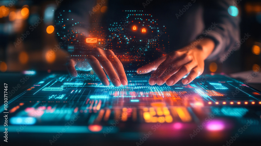 Tech interface with bright visuals and human interaction. Tech interface with bright visuals and human interaction.