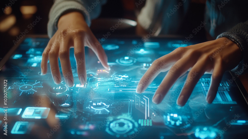 Futuristic digital panel under hands in dark setting. Futuristic digital panel under hands in dark setting.