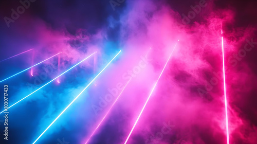 Vibrant laser beams cutting through colorful mist.