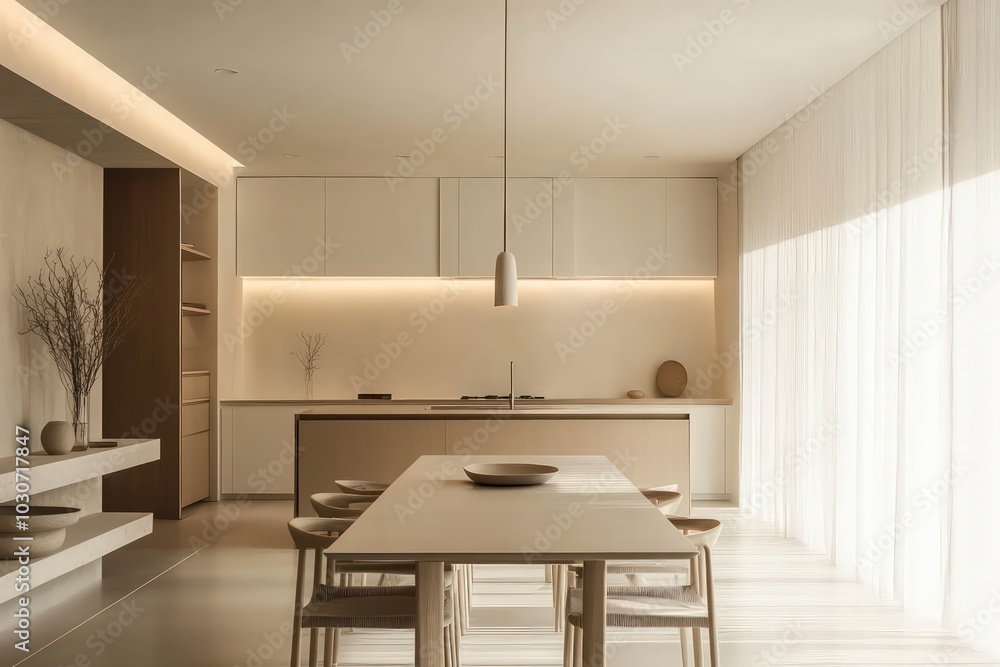 A minimalist dining room with sleek furniture, neutral tones, and a focus on simplicity. Use clean linee A minimalist dining room with sleek furniture, neutral tones, and a focus on simplicity. Use clean linee