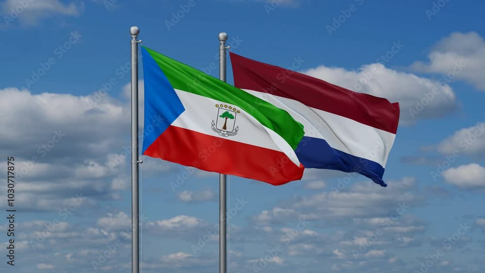 Netherlands and Equatorial Guinea flags flying together, video concept of the relationship, two country relations concept Netherlands and Equatorial Guinea flags flying together, video concept of the relationship, two country relations concept