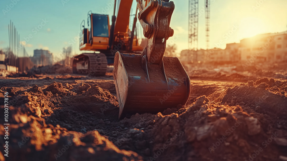 Fototapeta premium Na placu budowy, bliskie ujęcie koparki ukazuje jej łyżkę w akcji, głęboko wkopującą się w glebę.