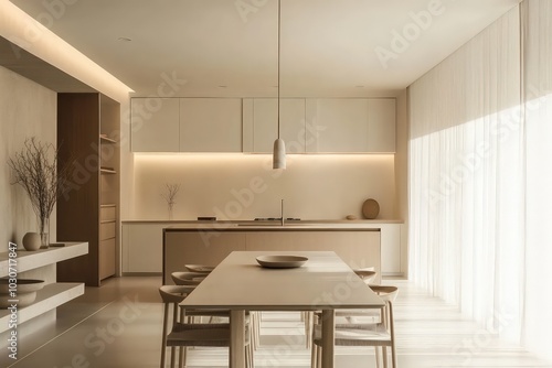 A minimalist dining room with sleek furniture, neutral tones, and a focus on simplicity. Use clean linee