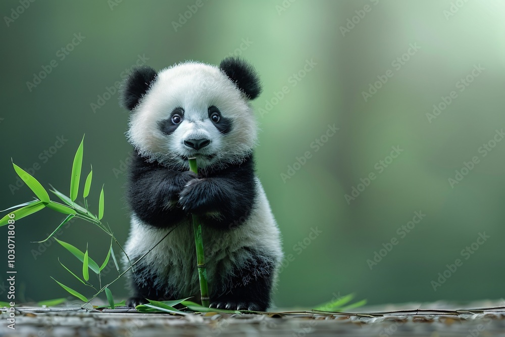 Fototapeta premium A playful young panda sits contentedly while munching on green bamboo shoots in a tranquil forest, surrounded by natural greenery and soft light