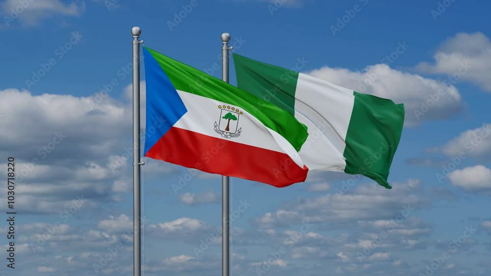 Nigeria and Equatorial Guinea flags flying together, video concept of the relationship, two country relations concept Nigeria and Equatorial Guinea flags flying together, video concept of the relationship, two country relations concept