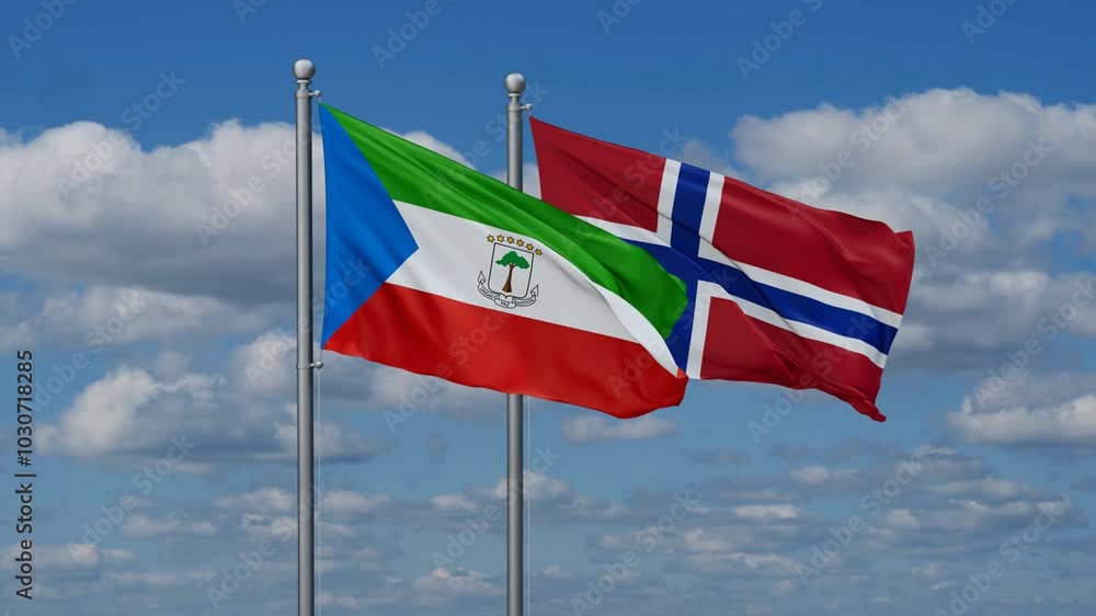 Norway and Equatorial Guinea flags flying together, video concept of the relationship, two country relations concept Norway and Equatorial Guinea flags flying together, video concept of the relationship, two country relations concept