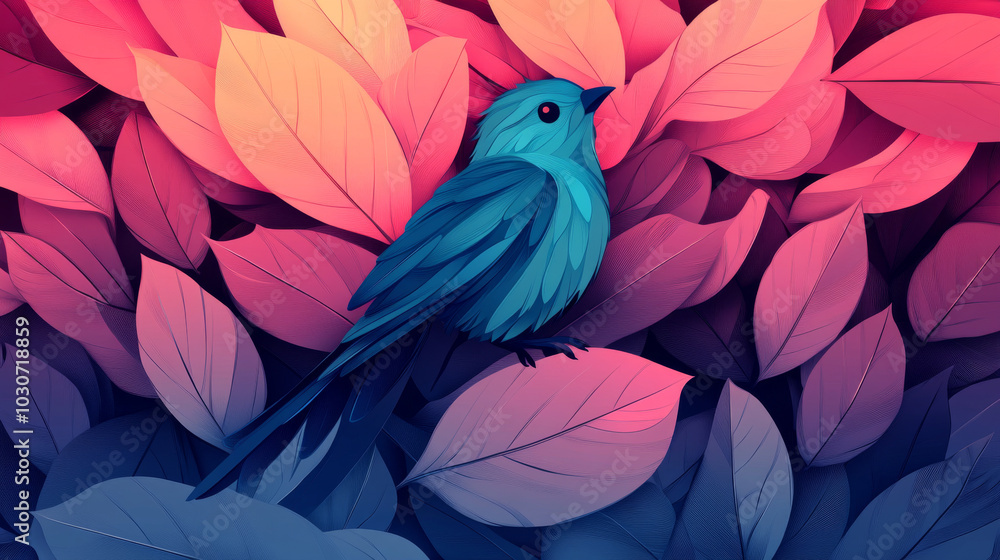 Obraz premium A lone blue bird perches on a leaf, surrounded by pink and blue leaves.