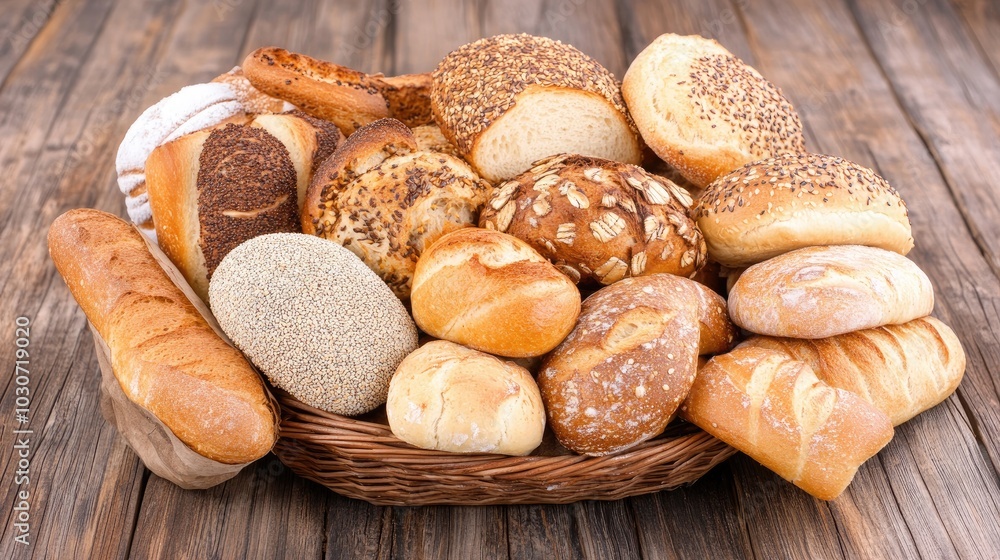 A variety of fresh bread buns in a rustic basket on a wooden table, with warm, natural tones highlighting their freshness. A variety of fresh bread buns in a rustic basket on a wooden table, with warm, natural tones highlighting their freshness.